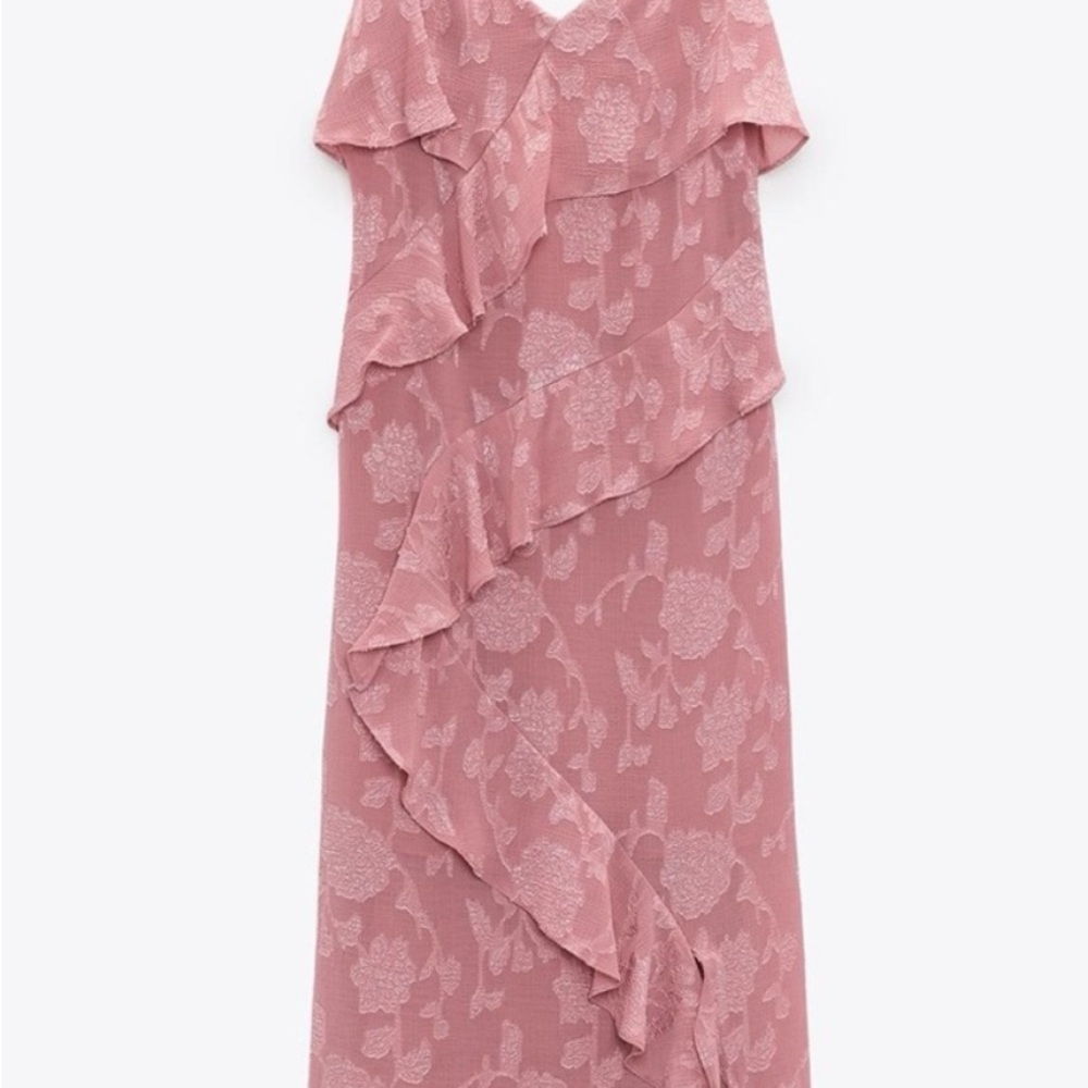ZARA WOMAN RUFFLED JACQUARD MIDI DRESS MARSALA | XS